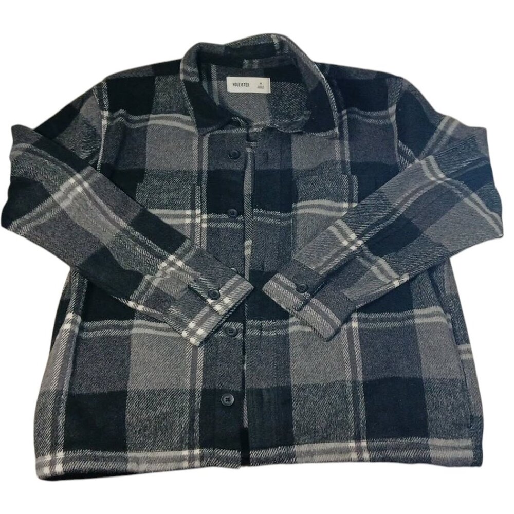 HOLLISTER SHACKET JACKET MEN’S MED BRUSHED WOOL BLEND Black Gray CHECKERED PLAID